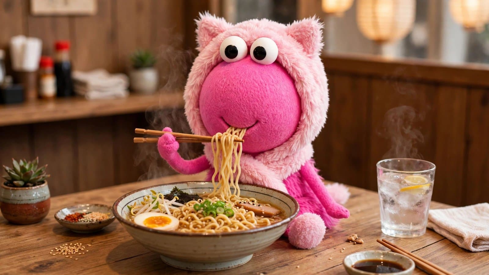 Mana, a pink fuzzy character, slurping ramen in a Tokyo noodle shop